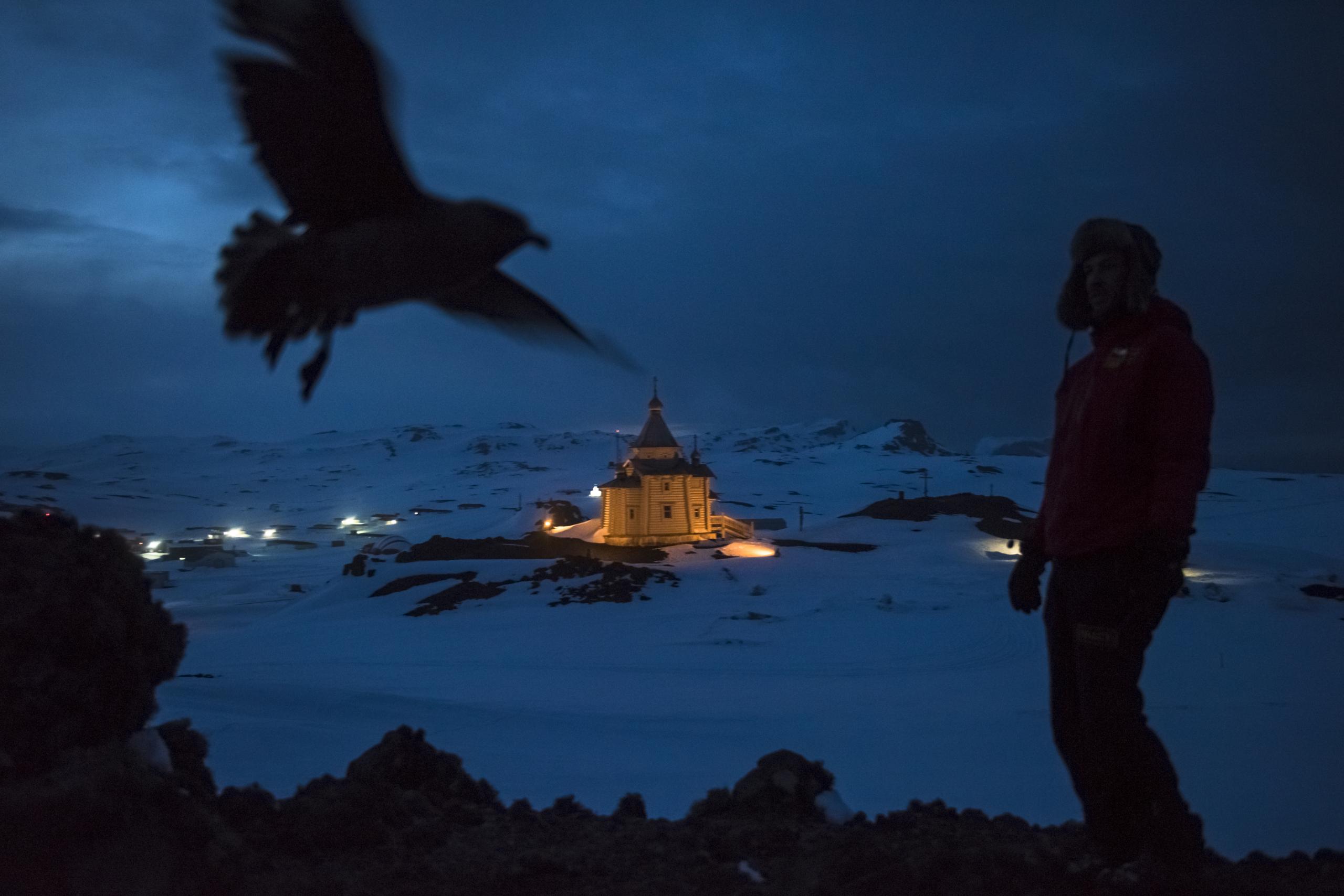 Dr. Ernesto Molina, who is supported by the Chilean Antarctic Institute, walks by the Bellingshausen Russian Antarctic base, with its Orthodox Church of the Holy Trinity, in Fildes Bay. A number of countries, including Chile, Poland and Russia, have set up scientific stations on King George Island in the Antarctic. By the Antarctic Treaty, which came into force in 1961, Antarctica was set aside as a scientific preserve, with freedom of investigation and free intellectual exchange. No country may exploit mineral resources or exert territorial claims. The treaty is currently in force until 2048, but a number of countries have an eye on asserting greater influence before the renewal date. Some are looking to the strategic and commercial possibilities that exist right now, such as iceberg harvesting (Antarctica is estimated to have the biggest reserves of fresh water on the planet), krill fishing, and expanding global navigation abilities. © Daniel Berehulak